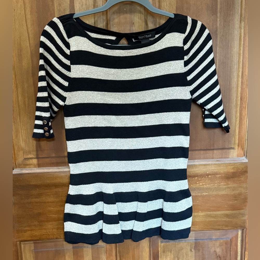 WHITE HOUSE BLACK MARKET Black and Gold Striped Ribbed‎ Knit Top Sweater M